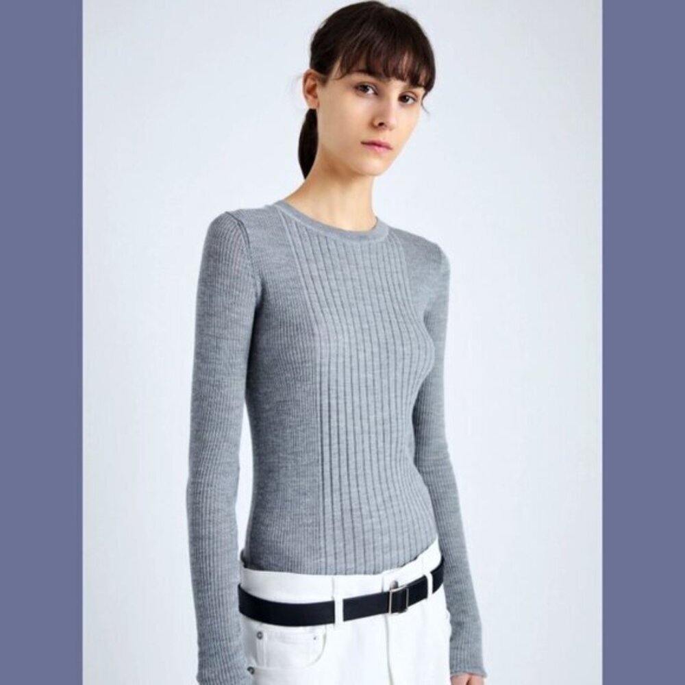 Proenza Schouler Cassidy Wool and Silk Ribbed Knit Sweater in Light Gray
